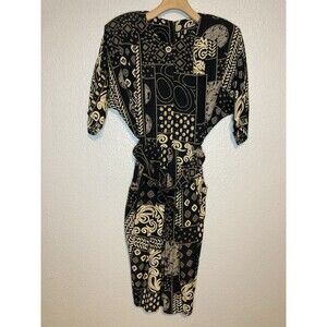 Willy’s Influence Vintage Dress 12 Late 70s Retro Black Gold Belted Pleated